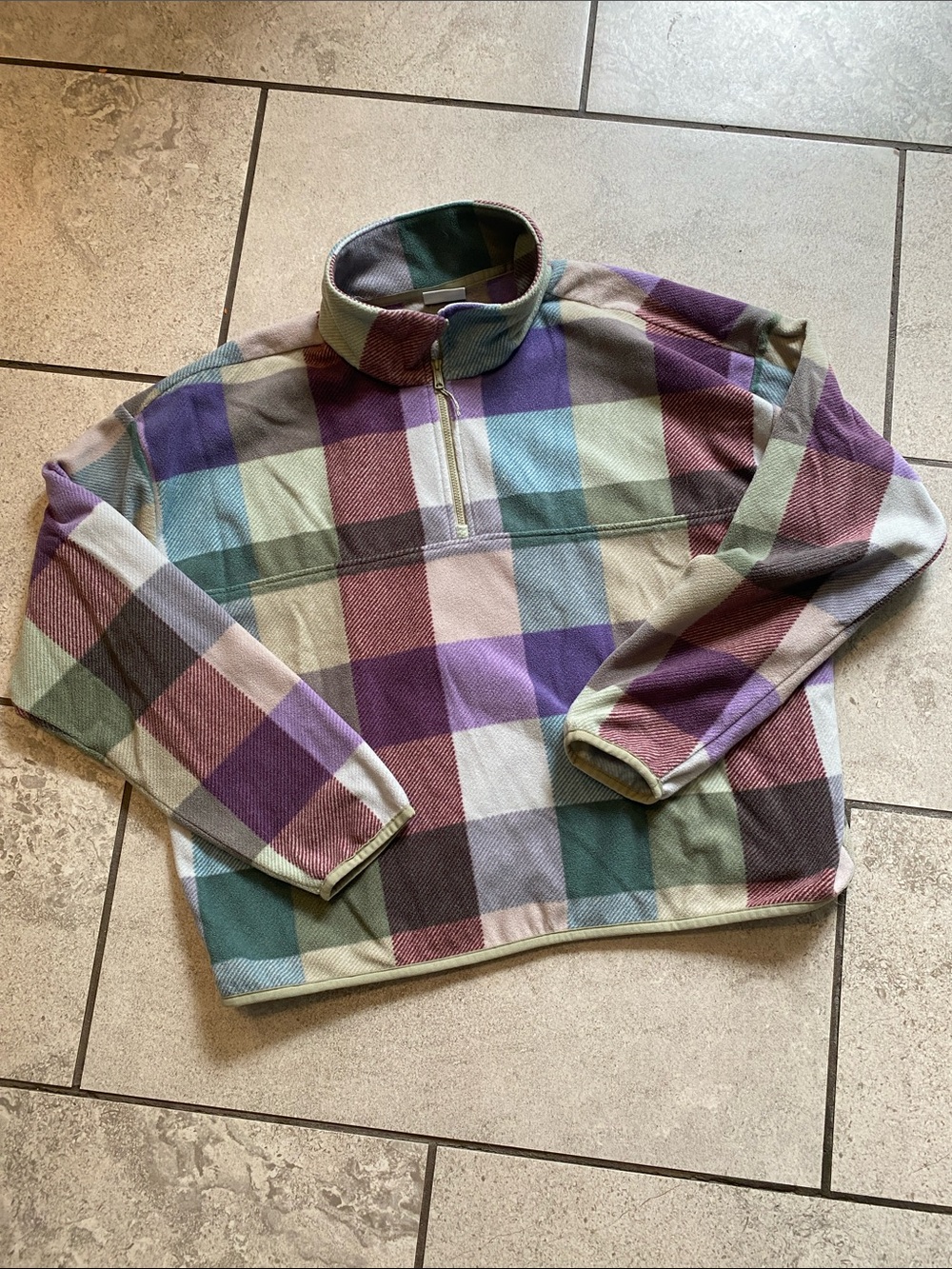 Eddie Bauer Plaid Fleece Pullover in Purple, Green & Cream